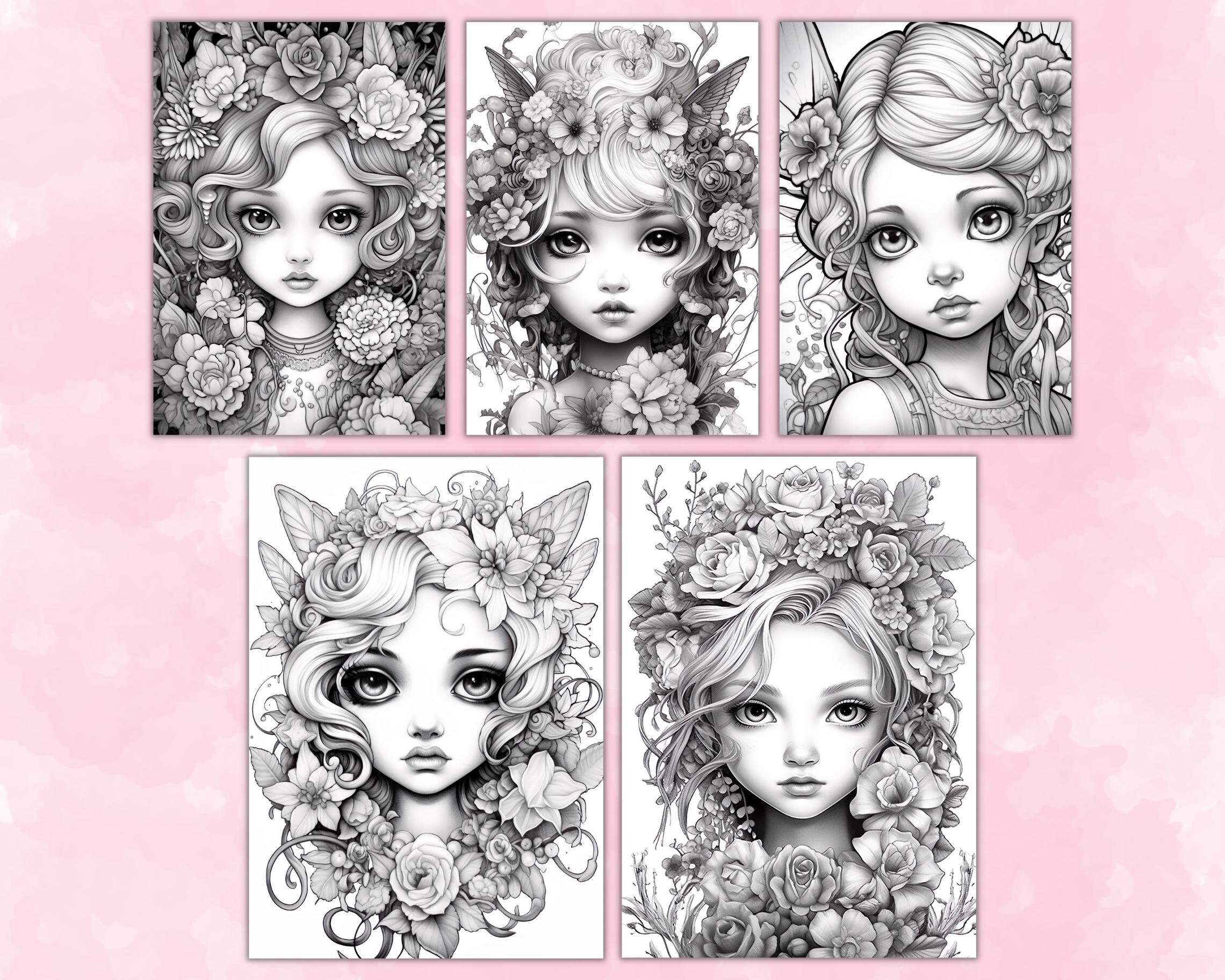 Adorable Flower Fairy Portraits Coloring Pages, Grayscale Coloring ...