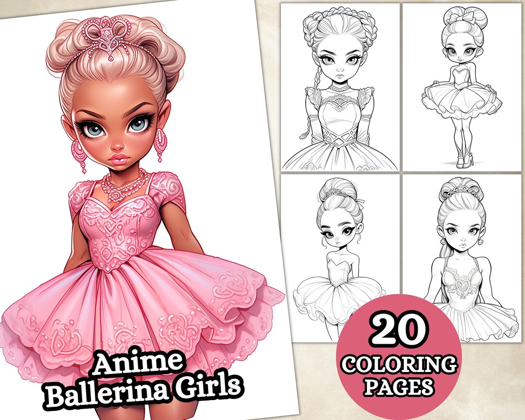 Anime Ballerina Girls Coloring Pages for Adults, Grayscale Coloring