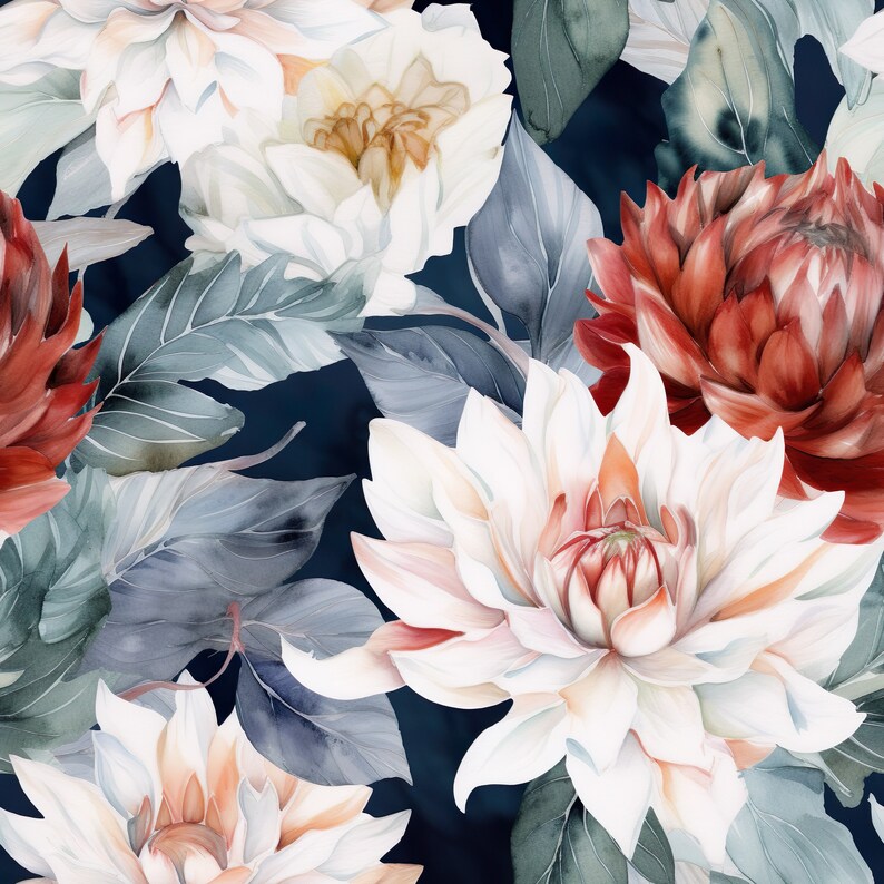 K&ouml;nnte beinhalten: Aquarellmalerei von wei&szlig;en, pfirsichfarbenen und roten Blumen mit gr&uuml;nen Bl&auml;ttern auf dunkelblauem Hintergrund. Die Blumen sind in einer Gruppe angeordnet und haben eine weiche, romantische Ausstrahlung.