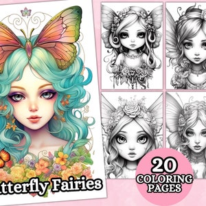 Vlinderfee kleurplaten, grijswaarden kleurplaat, Fantasy Anime kleuren, afdrukbare PDF, kleurplaat, digitale download, feeën