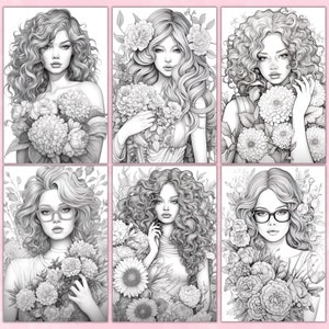 16 Beutiful Women and Flowers Coloring Page, Grayscale Coloring Pages, Coloring Book, Printable PDF, Women Coloring Pages, Floral Coloring