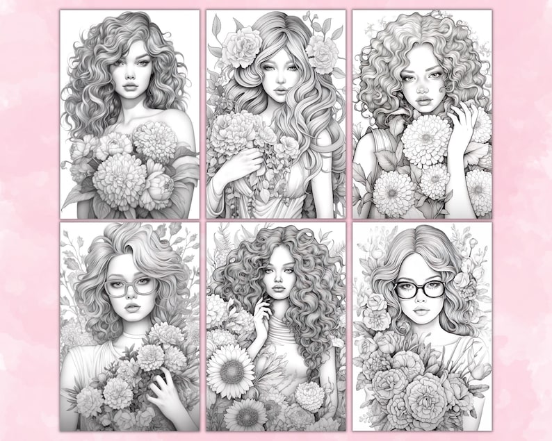 16 Beutiful Women and Flowers Coloring Page, Grayscale Coloring Pages, Coloring Book, Printable PDF, Women Coloring Pages, Floral Coloring