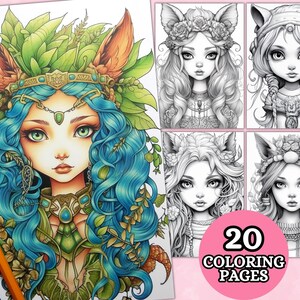 Słodkie Druidki Kolorowanki Dla Dorosłych, Kolorowanki W Skali Szarości, Kolorowanka, Fantasy Anime, Wydrukowany PDF, Arkusze Kolorowanek, Druid
