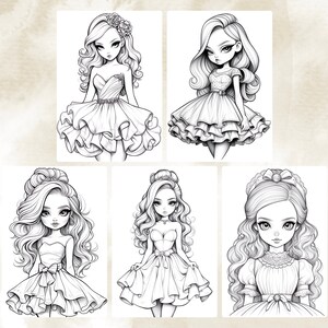以下が含まれることがあります： ドレスを着た若い女性の白黒イラストが5枚。各イラストは、フリル、リボン、ストラップレスのボディスなどの詳細を備えた、異なるドレスのデザインを特徴としています。女性は長く流れる髪と大きな目をしています。