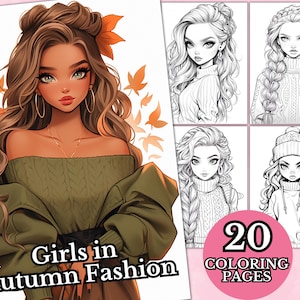 秋のファッションの女の子の塗り絵、グレースケールの塗り絵、ファンタジーアニメの塗り絵、印刷可能な PDF、デジタルダウンロード