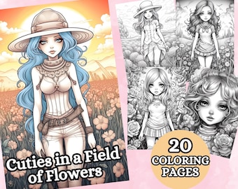 Cuties in Flower Field, Grayscale Coloring Page Book, Girls Coloring Page, Coloring Book, Printable PDF, Fantasy Coloring, Coloring Sheet