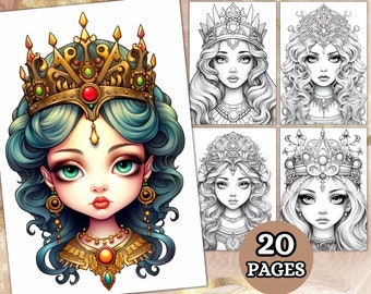 Beautiful Godesses Coloring Pages For Adults, Grayscale Coloring Page, Fantasy Anime, Printable PDF, Coloring Book, Jewelry Coloring, vol 2