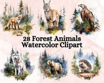Forest Animals Clipart Watercolor, Woodland Animals Clipart for Adults and Kids, Scrapbooking DIY Clipart, commercial use clipart