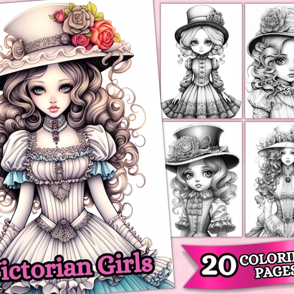 Victorian Girls Coloring Pages For Adults, Grayscale Coloring Pages, Coloring Book, Fantasy Anime, Printable PDF, Digital Download