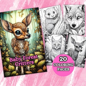 Baby Forest Critters Coloring Page Book, Animal Coloring Page, Grayscale Coloring Page, Coloring Pages, Printable PDF, Fox, Bear, Deer Fawn