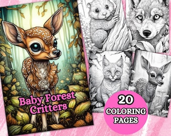 Baby Forest Critters Coloring Page Book, Animal Coloring Page, Grayscale Coloring Page, Coloring Pages, Printable PDF, Fox, Bear, Deer Fawn
