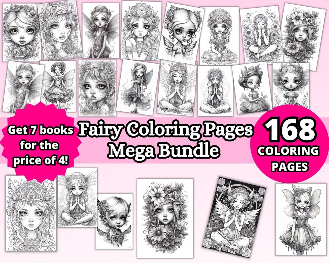 168 Fairy Coloring Pages, Fairy Mega Bundle Coloring Pages, Grayscale ...