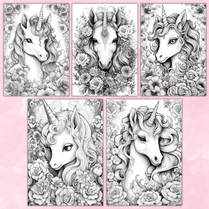 Unicorns & Flowers Coloring Pages, Unicorn Coloring Pages, Grayscale Coloring Page, Fantasy Coloring Pages, Coloring Sheets, Printable PDF