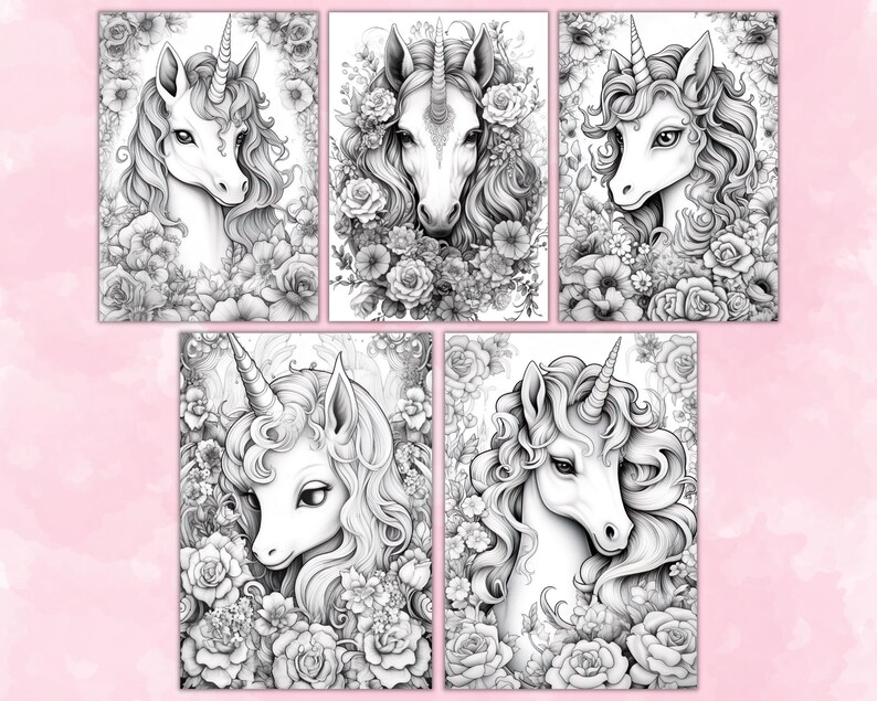 Unicorns & Flowers Coloring Pages, Unicorn Coloring Pages, Grayscale Coloring Page, Fantasy Coloring Pages, Coloring Sheets, Printable PDF