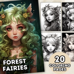 Forest Fairies Coloring Pages for Adults, Grayscale Coloring Pages, Fantasy Anime Coloring Book, Printable PDF, Digital Download