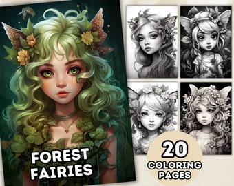 Forest Fairies Coloring Pages for Adults, Grayscale Coloring Pages, Fantasy Anime Coloring Book, Printable PDF, Digital Download