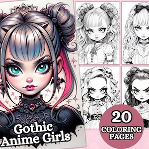 Gothic Anime Girls Coloring Pages For Adults, Grayscale Coloring Page, Fantasy Anime, Coloring book, Printable PDF. Digital Download