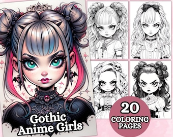 Ragazze anime gotiche pagine da colorare per adulti, pagina da colorare in scala di grigi, anime fantasy, libro da colorare, PDF stampabile. Scaricamento digitale