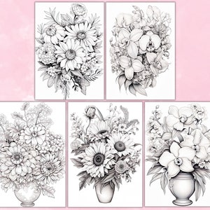 Flower Arrangements Coloring Pages For Adults, Grayscale Coloring Pages, Flowers Coloring Book, Printable PDF, Botanical Floral Coloring