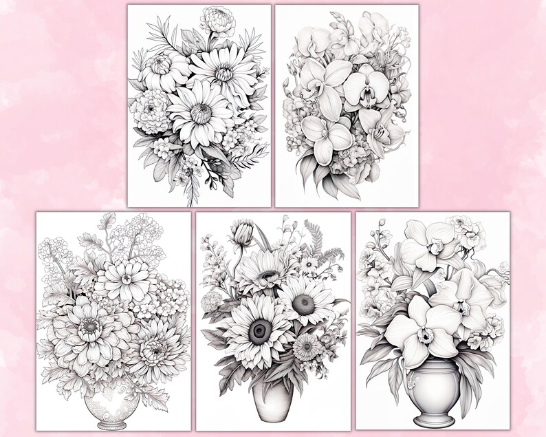 Flower Arrangements Coloring Pages For Adults, Grayscale Coloring Pages, Flowers Coloring Book, Printable PDF, Botanical Floral Coloring