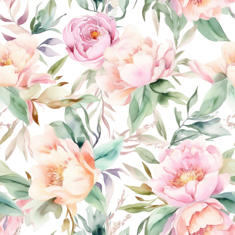 K&ouml;nnte beinhalten: Ein nahtloses Muster mit Aquarell-Illustrationen von rosa und pfirsichfarbenen Blumen mit gr&uuml;nen Bl&auml;ttern auf wei&szlig;em Hintergrund.
