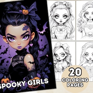 Spooky Girls Coloring Pages, Grayscale Coloring Pages, Halloween Coloring Book, Printable PDF, Digital Download