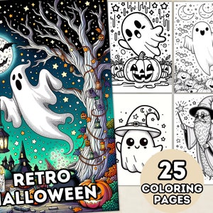 Kolorowanki na Halloween w stylu retro dla dorosłych, nastolatków i dzieci, do druku w formacie PDF, do pobrania w wersji cyfrowej, kolorowanka na Halloween