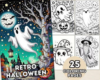 Retro Halloween Coloring Pages for Adults, Teens and Kids, Printable PDF, Digital Download, Halloween Coloring Book