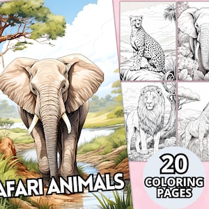 Safari Animals Coloring Pages, Grayscale Coloring Pages, Animals Coloring Book, Printable PDF, Digital Download, Lion, Elephant Coloring