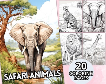 Safari Tiere Malvorlagen, Graustufen Malvorlagen, Tiere Malbuch, druckbare PDF, digitaler Download, Löwe, Elefant Malvorlagen
