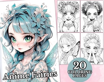 Anime Fairies kleurplaten voor volwassenen, grijswaarden kleurplaten, Fantasy Anime kleurboek, afdrukbare PDF, digitale download, sprookje