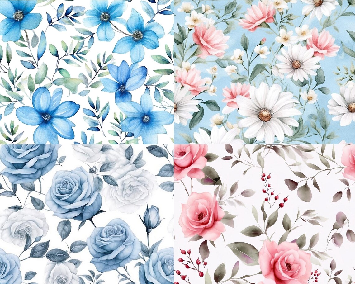 12 Seamless Watercolor Floral Pattern, Watercolor Flower Patterns, Pink ...