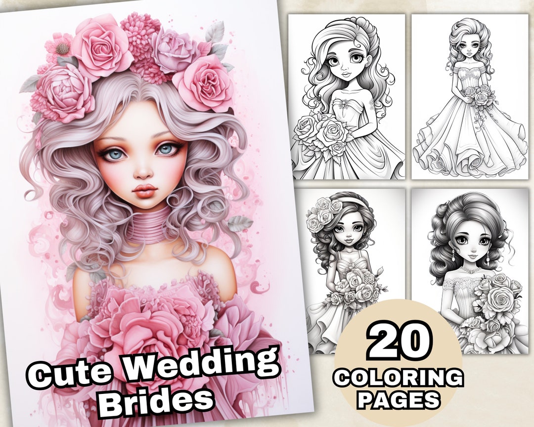 Cute Wedding Brides Coloring Pages, Grayscale Coloring Pages, Fantasy