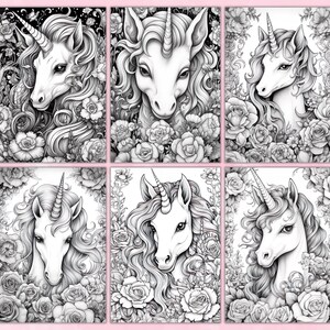 Unicorns & Flowers Coloring Pages, Unicorn Coloring Pages, Grayscale Coloring Page, Fantasy Coloring Pages, Coloring Sheets, Printable PDF