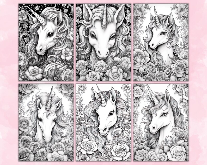 Unicorns & Flowers Coloring Pages, Unicorn Coloring Pages, Grayscale Coloring Page, Fantasy Coloring Pages, Coloring Sheets, Printable PDF