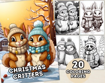 Christmas Critters Coloring Pages, Grayscale Coloring Pages, Christmas Coloring Pages, Printable PDF, Animal Coloring Book, Winter Coloring