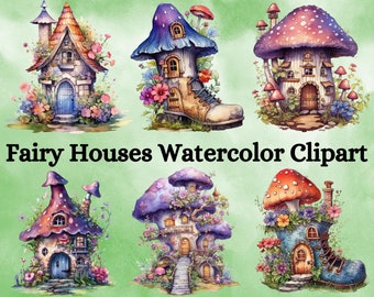 24 Fairy Houses Watercolor Clipart, Fairytale Clipart, Watercolor Clipart, Fantasy Clipart, DIY Clipart, Scrapbooking, Digital Download