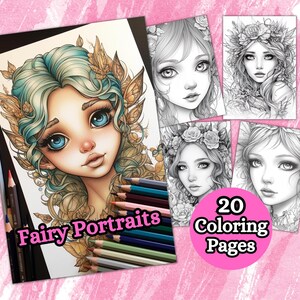 Grayscale Fairy Portraits Coloring Pages, Fairy Coloring Page, Grayscale Coloring Pages, Fantasy Anime, Printable PDF, Coloring Sheet, Fairy