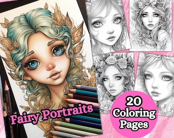 Retratos de hadas en escala de grises para colorear páginas, página para colorear de hadas, páginas para colorear en escala de grises, anime de fantasía, PDF imprimible, hoja para colorear, hada