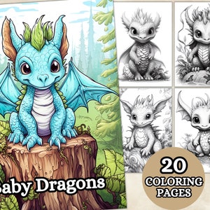 Baby Dragons Coloring Pages For Adults, Grayscale Coloring Page, Coloring Book, Printable PDF, Fantasy Anime Coloring, Digital Download