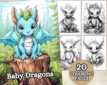 Baby Dragons Coloring Pages For Adults, Grayscale Coloring Page, Coloring Book, Printable PDF, Fantasy Anime Coloring, Digital Download
