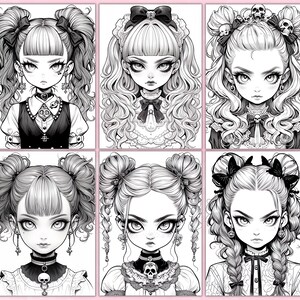 May include: Six black and white illustrations of girls with different hairstyles. Each girl has a different hairstyle, including pigtails, buns, and braids. Each girl is wearing a different outfit, including a dress, a skirt, and a shirt. The girls are all looking at the viewer.