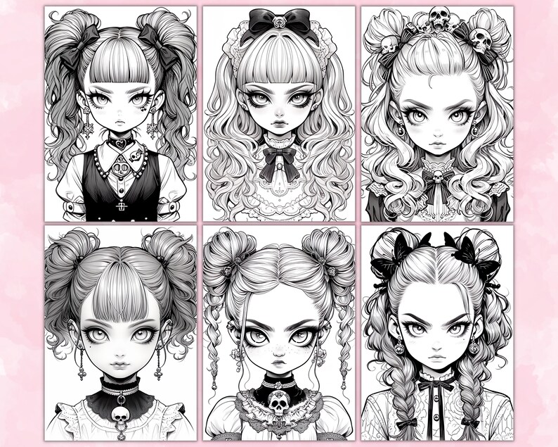 May include: Six black and white illustrations of girls with different hairstyles. Each girl has a different hairstyle, including pigtails, buns, and braids. Each girl is wearing a different outfit, including a dress, a skirt, and a shirt. The girls are all looking at the viewer.