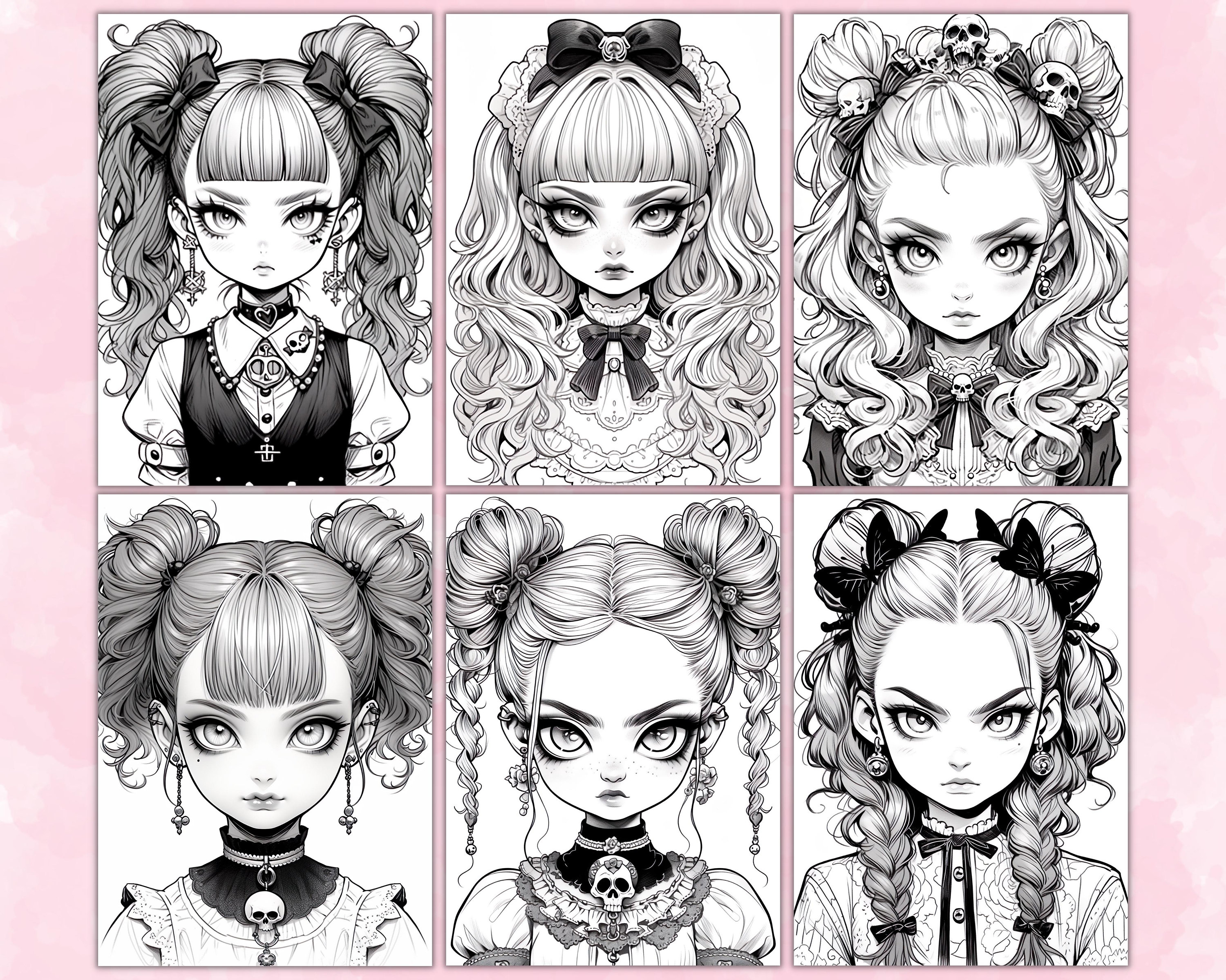 Anime Goth Girls Coloring Pages for Adults, Grayscale Coloring Page ...