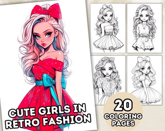 Cute Girls in Retro Fashion Coloring Pages for Adults and Teens, Grayscale Coloring Pages, Fashion Coloring Book, Printable PDF, Anime Style