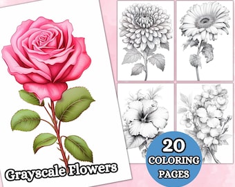 20 páginas para colorear de flores en escala de grises, página para colorear en escala de grises, página para colorear de flores, libro de clower boloring, PDF imprimible, descarga instantánea