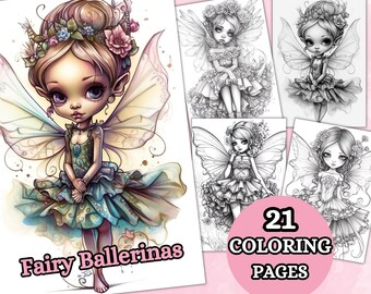 Páginas para colorear de bailarinas de hadas, Página para colorear de hadas, Página para colorear en escala de grises, Anime de fantasía, PDF imprimible, Hojas para colorear de hadas, Colorear