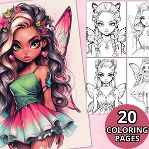 Adorable Faries Coloring Pages, Grayscale Coloring Pages, Fantasy Anime Coloring Book, Printable PDF, Digital Download, Fairytale, Fairy