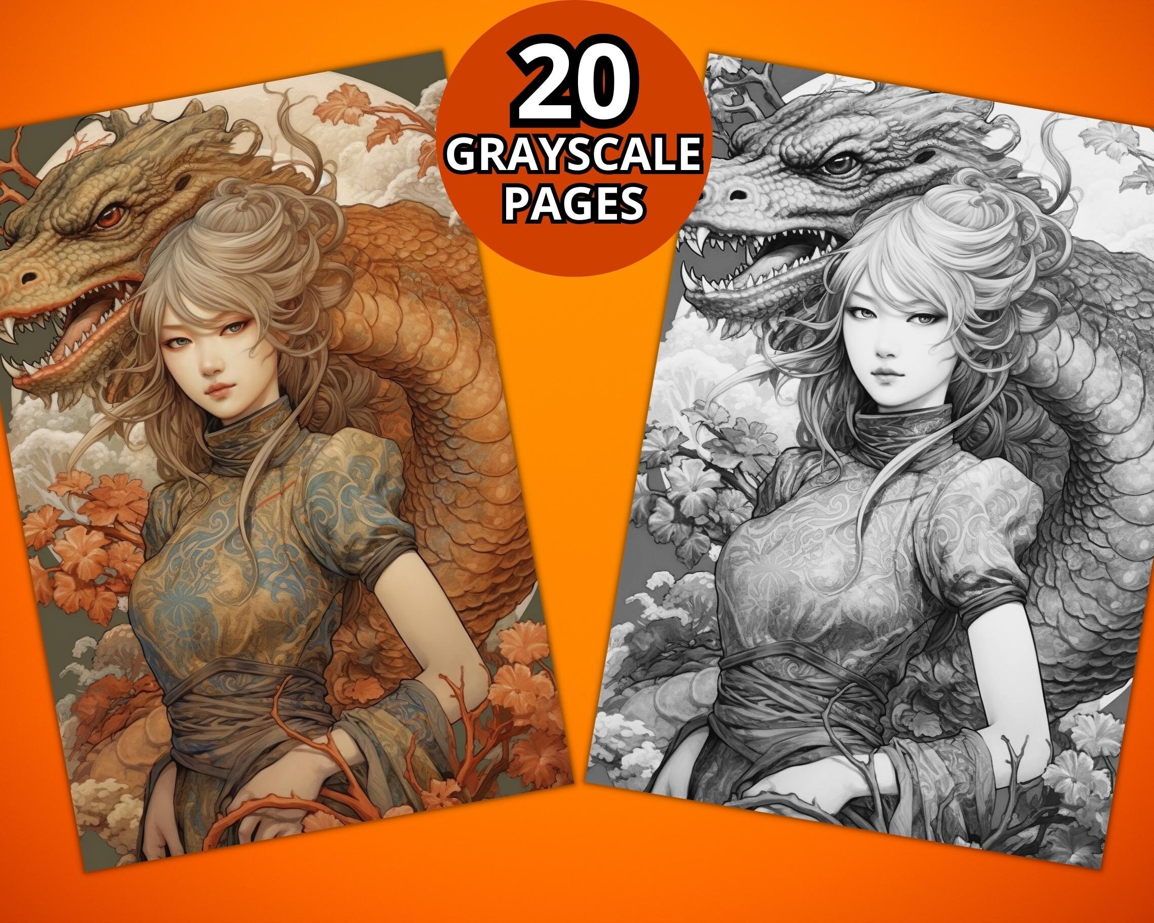 20 Beautiful Dragon Girls Coloring Page Book, Grayscale Coloring Pages, Coloring Book, Printable ...