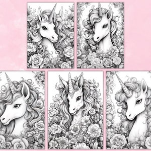 Unicorns & Flowers Coloring Pages, Unicorn Coloring Pages, Grayscale Coloring Page, Fantasy Coloring Pages, Coloring Sheets, Printable PDF